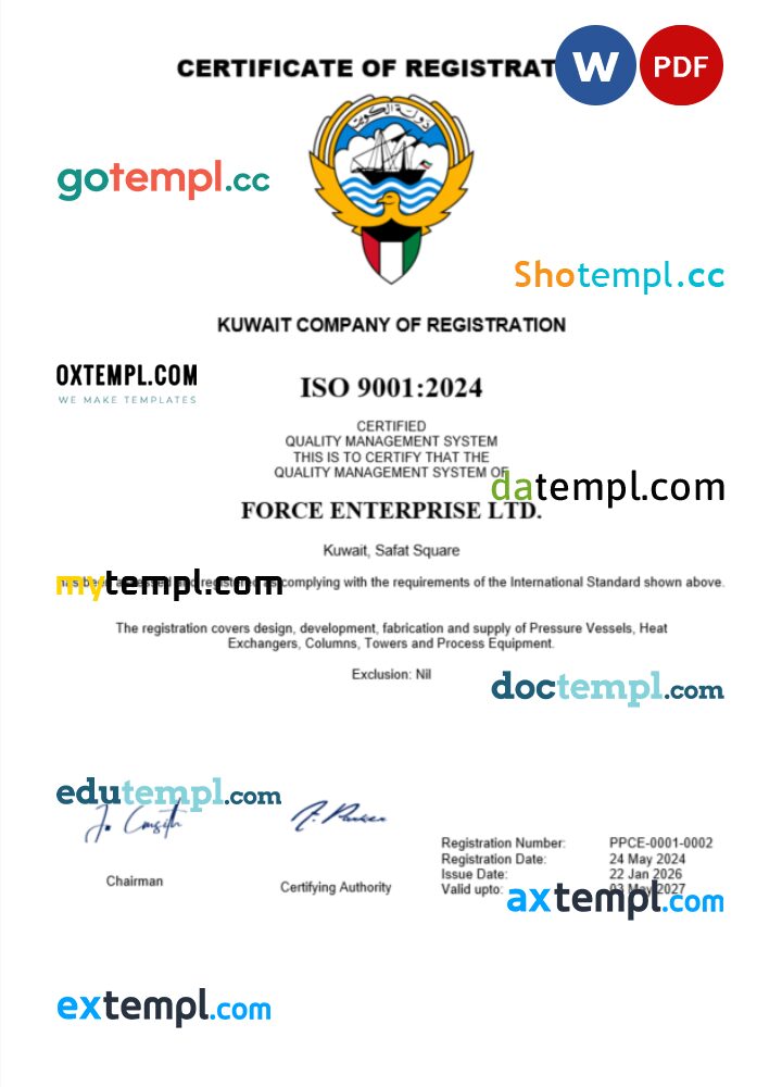 Kuwait business registration certificate Word and PDF template