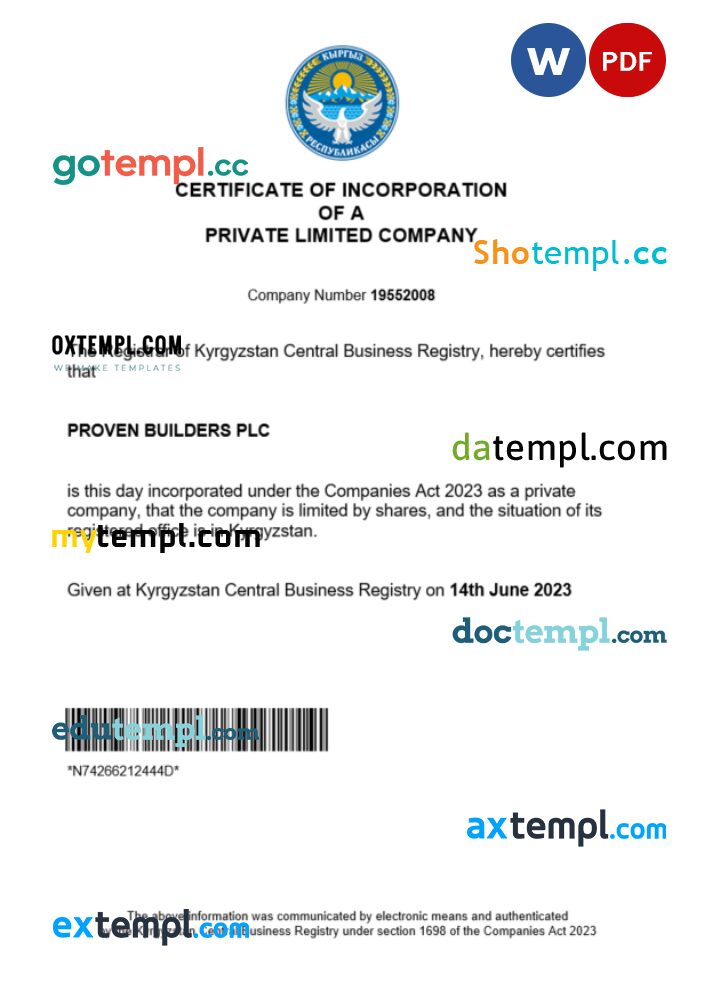 Kyrgyzstan business registration certificate Word and PDF template