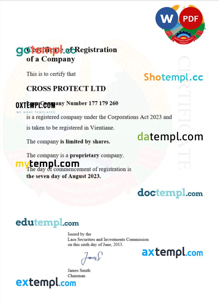 Laos business registration certificate Word and PDF template