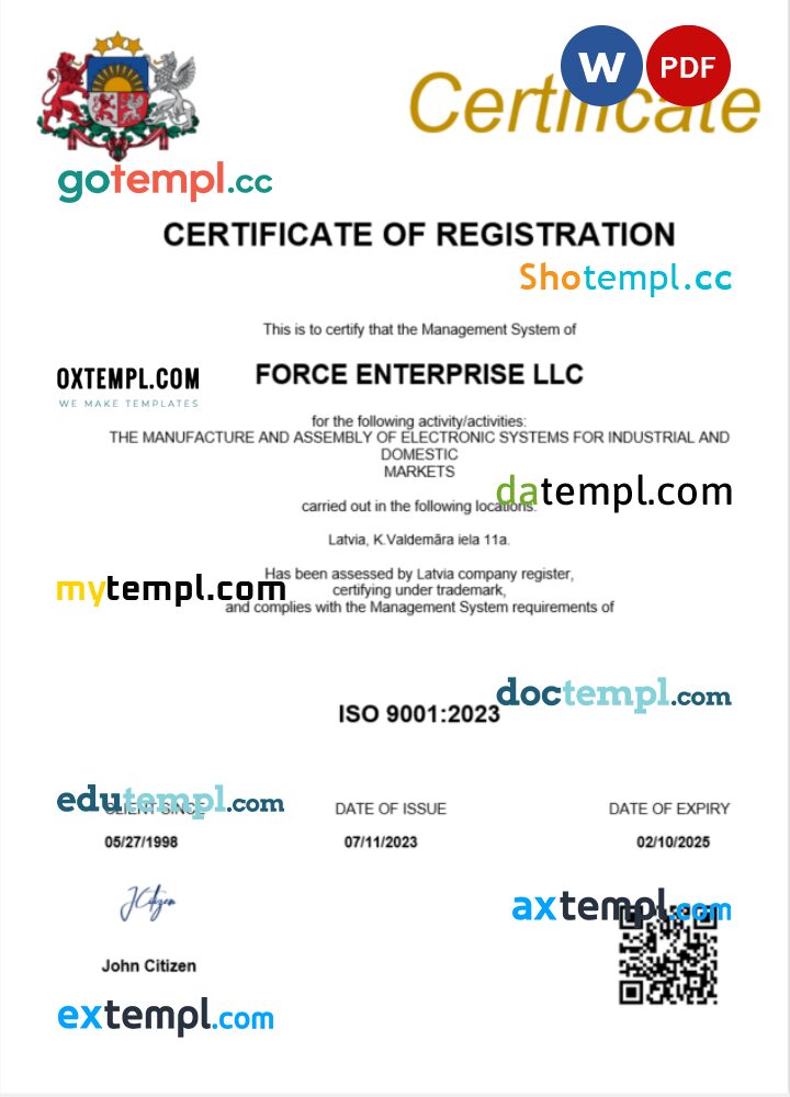 Latvia company registration certificate Word and PDF template