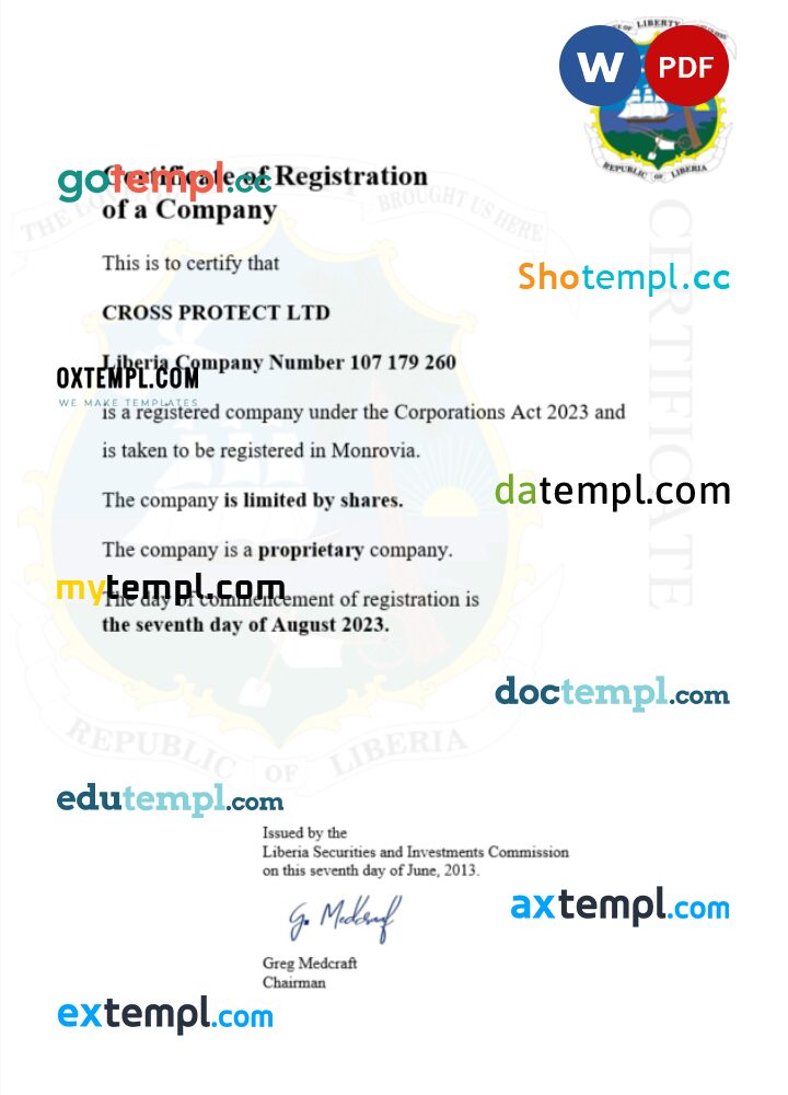 Liberia business registration certificate Word and PDF template