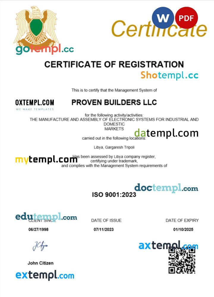 Libya business registration certificate Word and PDF template