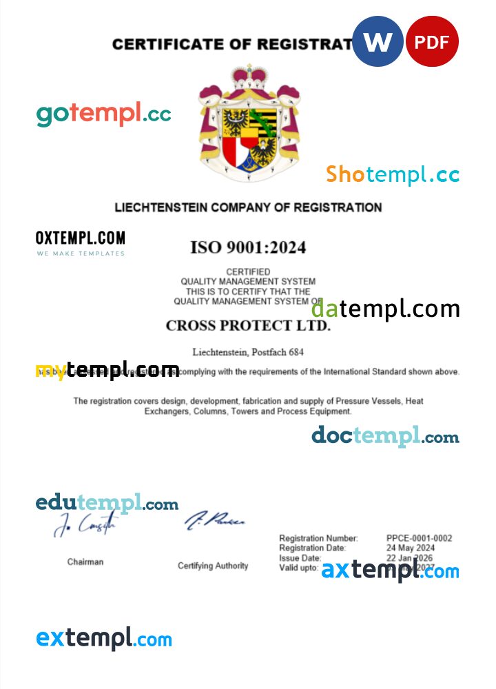 Liechtenstein business registration certificate Word and PDF template