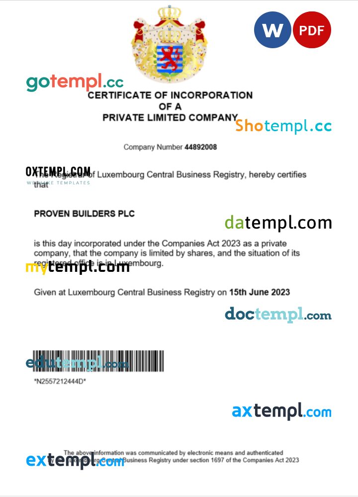Luxembourg business registration certificate Word and PDF template