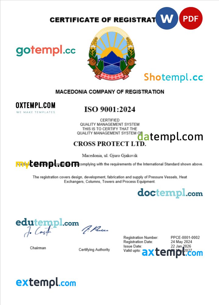 Macedonia business registration certificate Word and PDF template