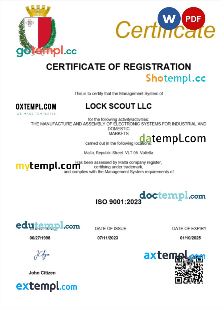 Malta business registration certificate Word and PDF template