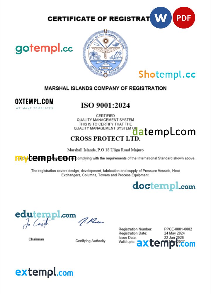 Marshall Islands business registration certificate Word and PDF template