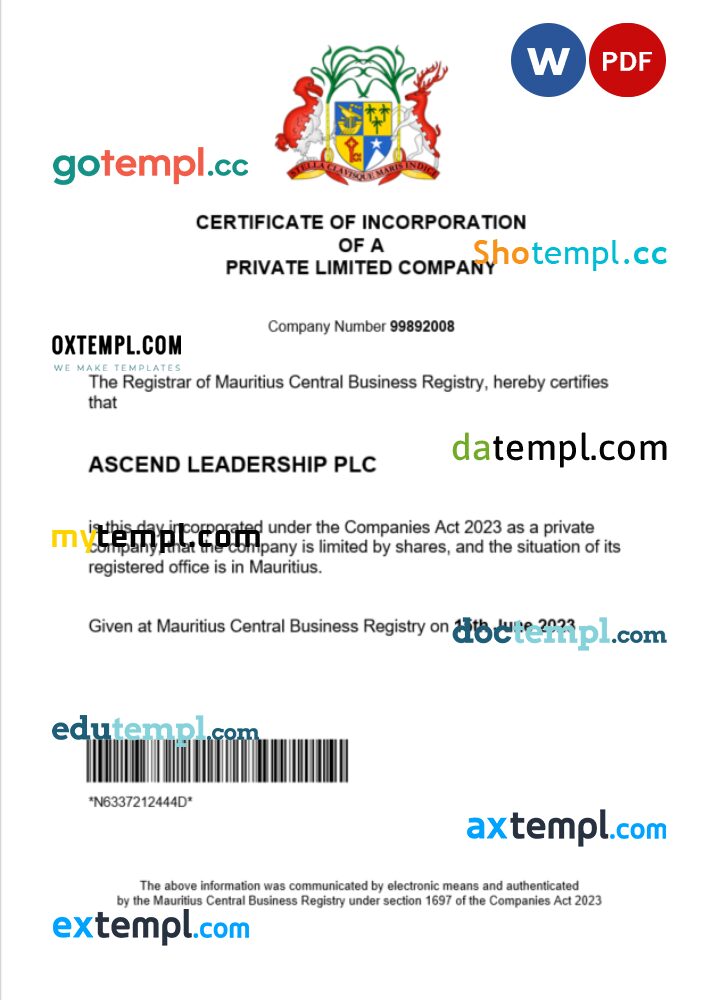 Mauritius business registration certificate Word and PDF template