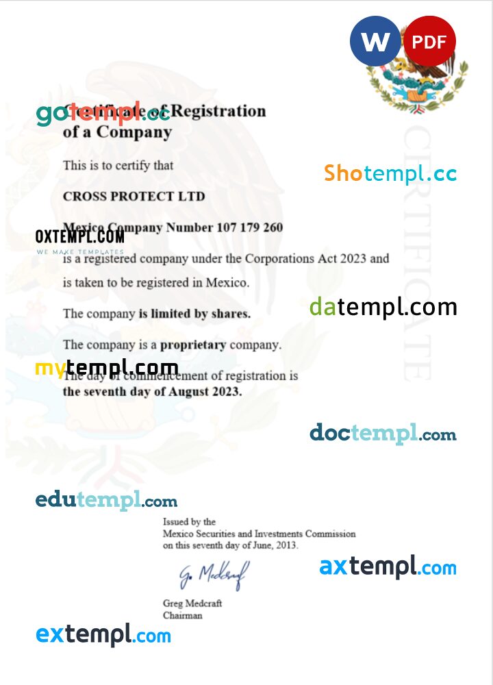Mexico business registration certificate Word and PDF template