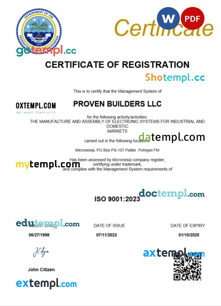 Micronesia business registration certificate Word and PDF template