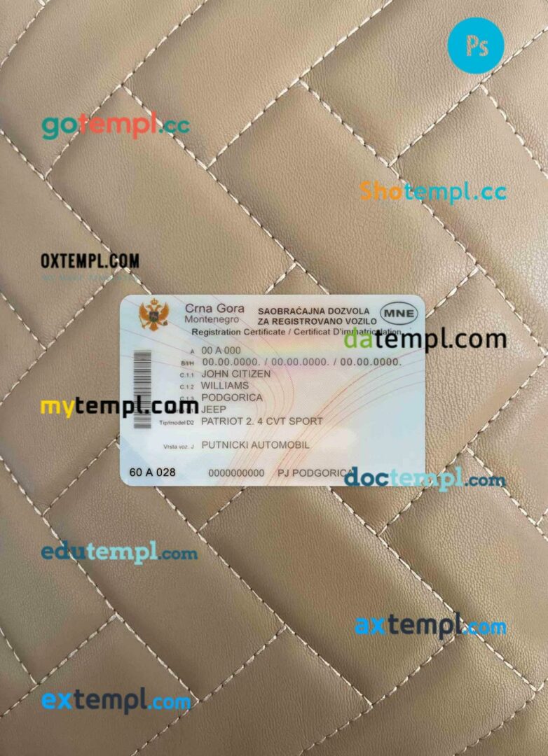 Montenegro vehicle registration certificate editable PSDs, scan and photo-realistic snapshot, 2 in 1