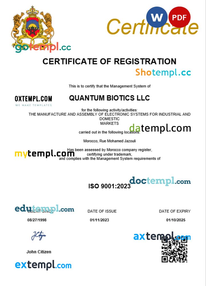 Morocco business registration certificate Word and PDF template