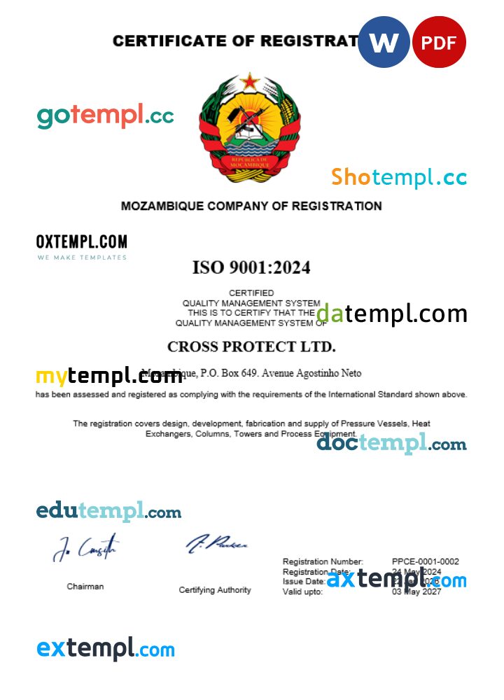 Mozambique company registration certificate Word and PDF template