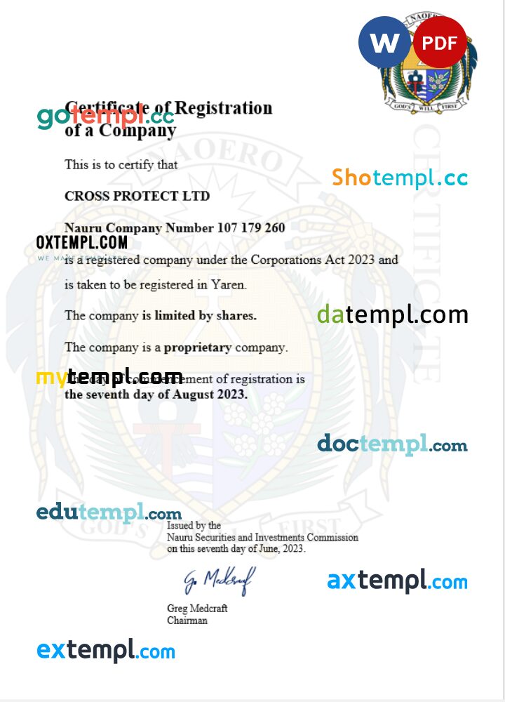 Nauru company registration certificate Word and PDF template