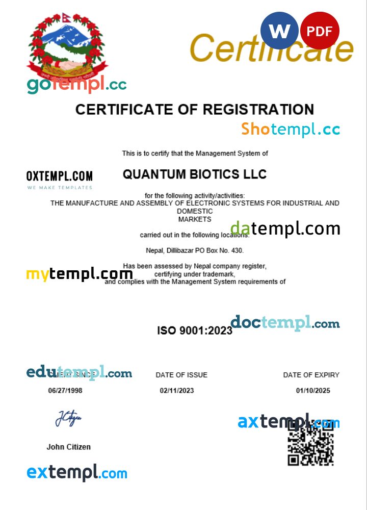 Nepal company registration certificate Word and PDF template