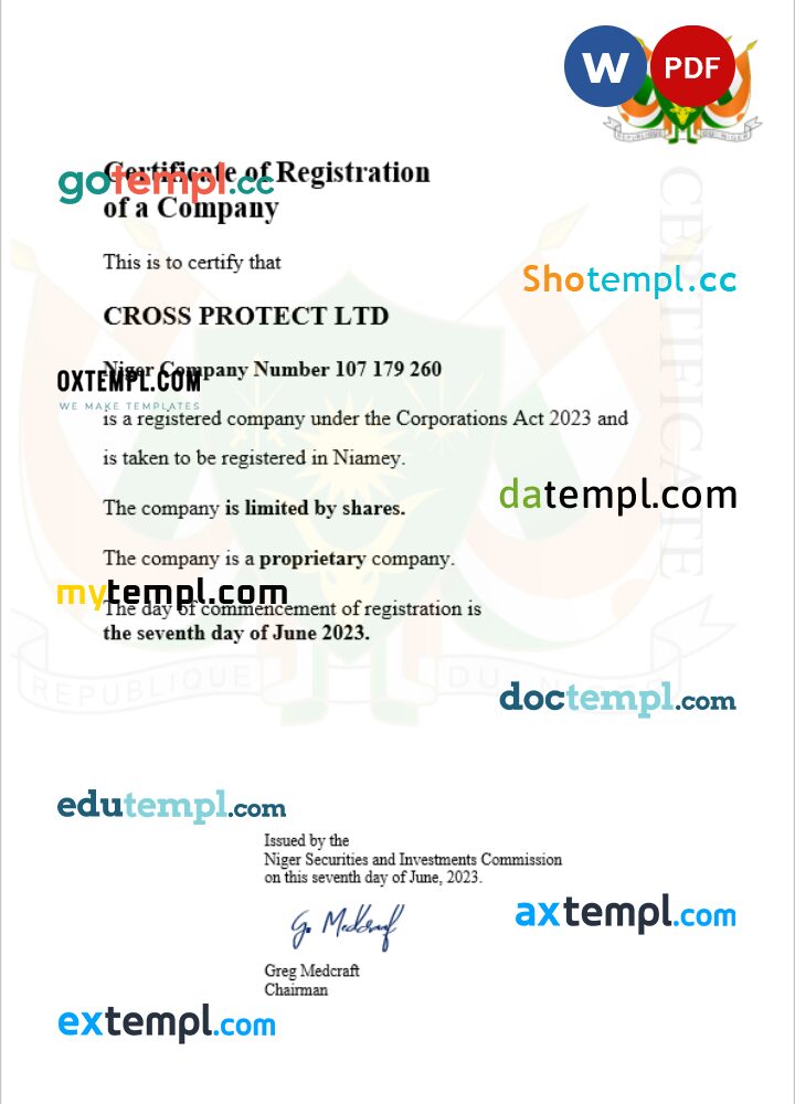 Niger business registration certificate Word and PDF template