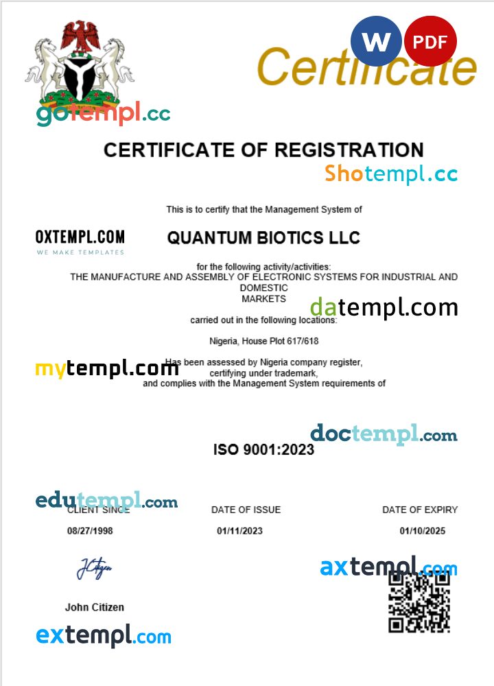 Nigeria business registration certificate Word and PDF template