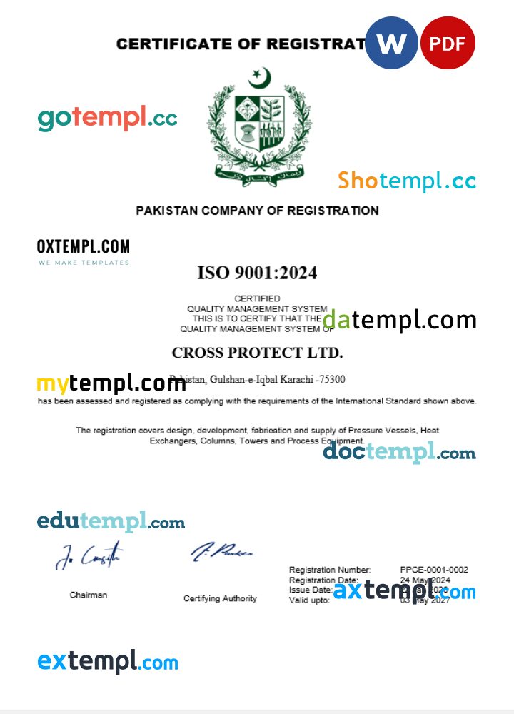 Pakistan business registration certificate Word and PDF template