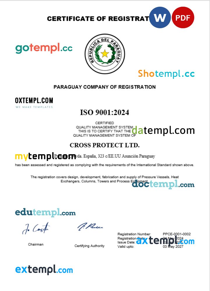 Paraguay business registration certificate Word and PDF template