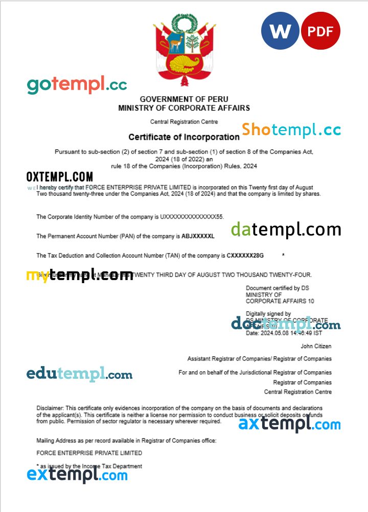 Peru business registration certificate Word and PDF template