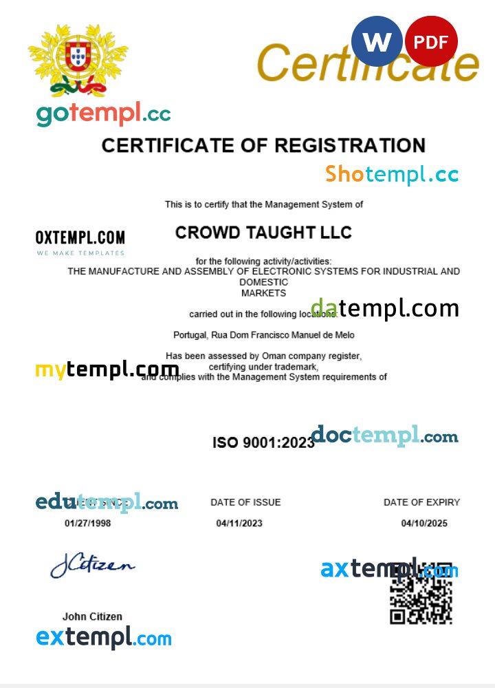 Portugal business registration certificate Word and PDF template