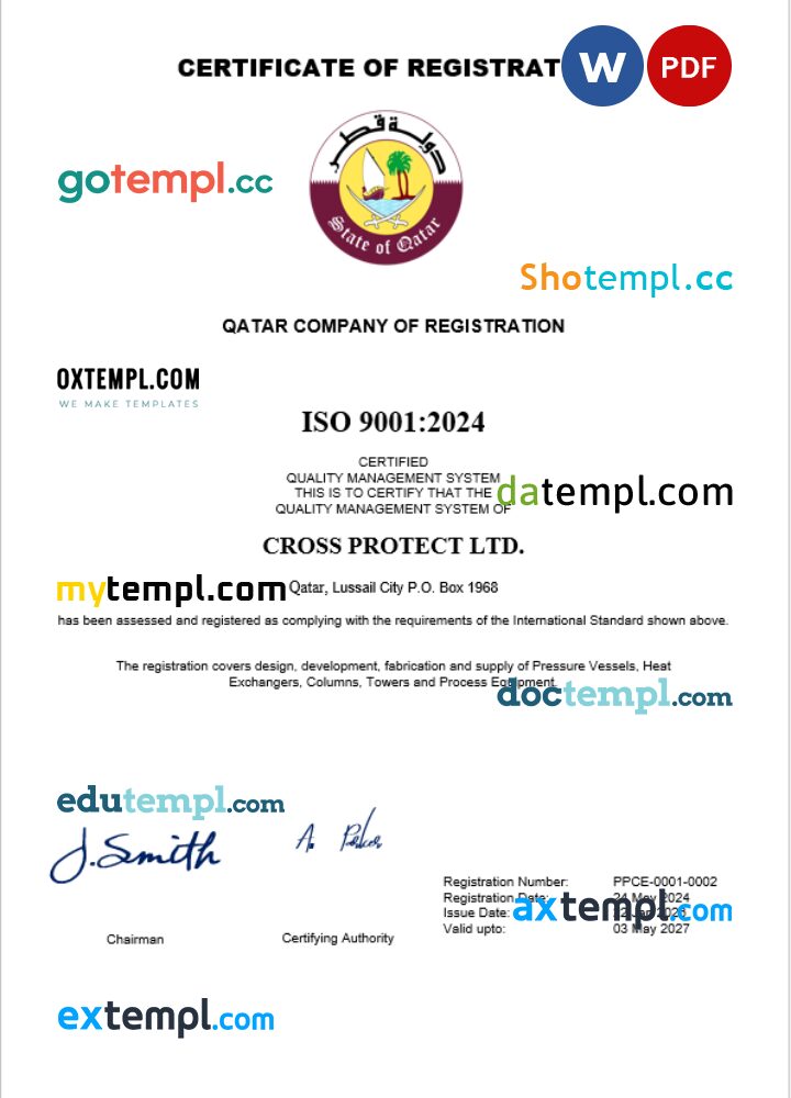 Qatar business registration certificate Word and PDF template