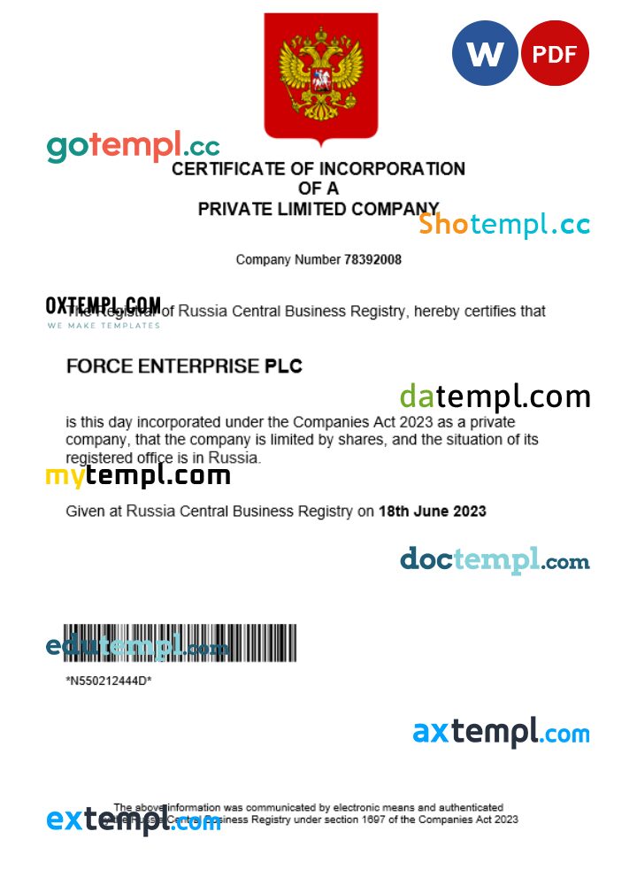 Russia business registration certificate Word and PDF template