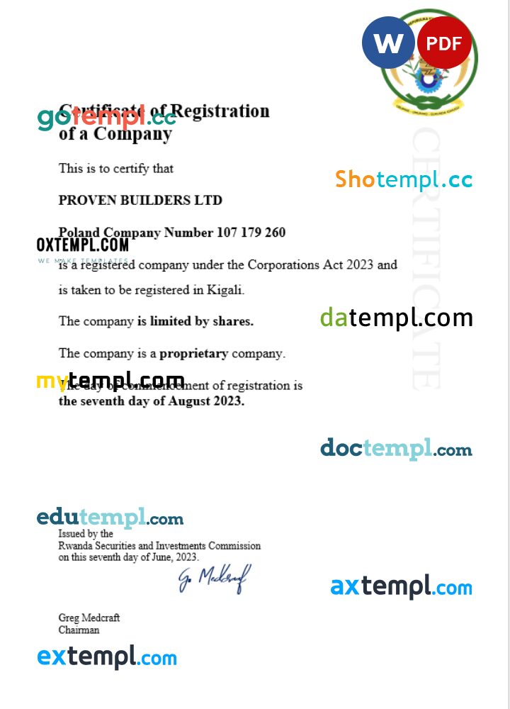 Rwanda business registration certificate Word and PDF template
