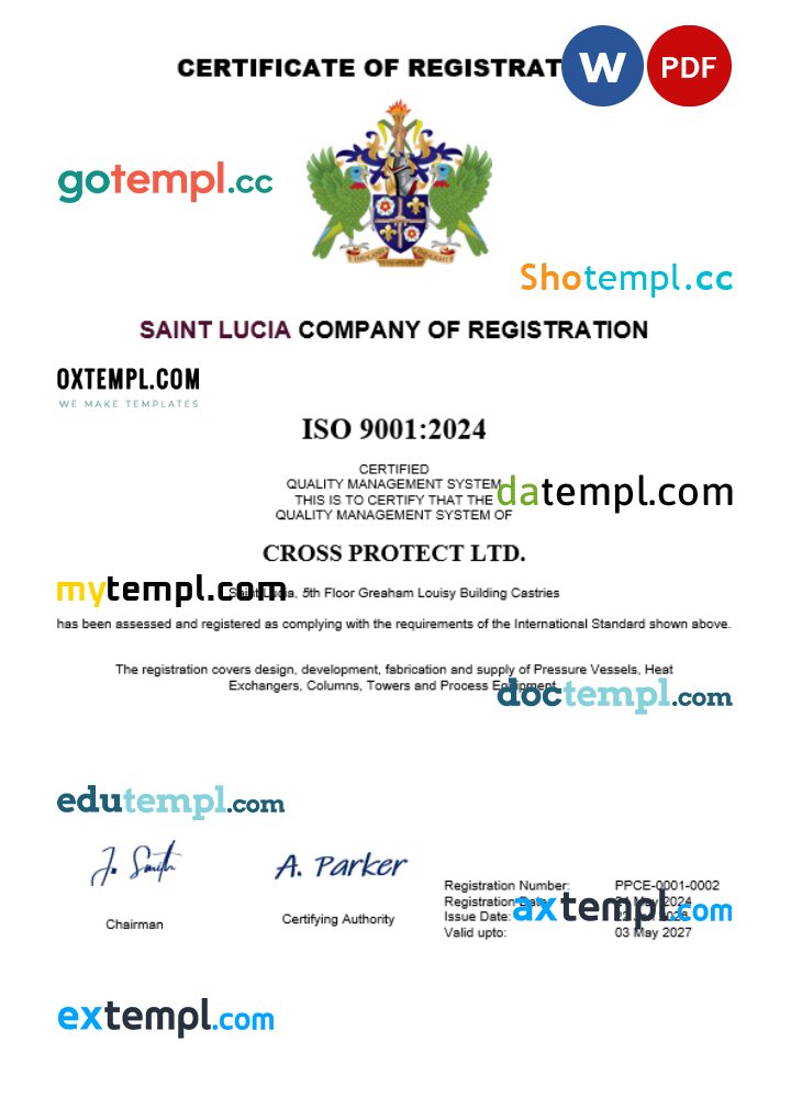 Saint Lucia business registration certificate Word and PDF template