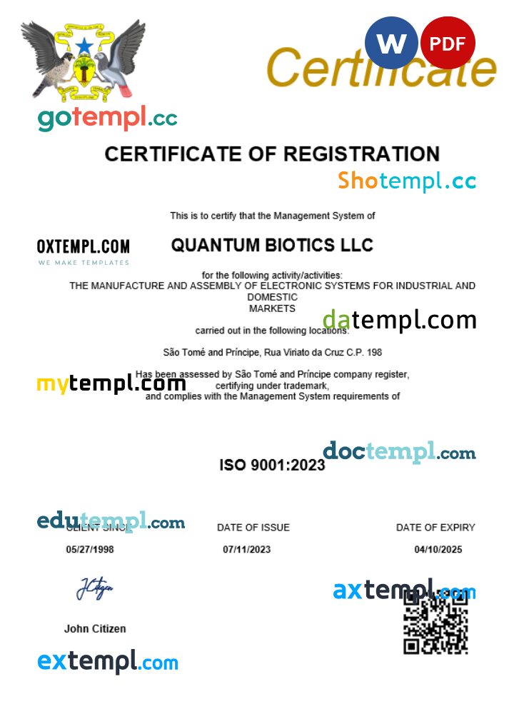 São Tomé and Príncipe business registration certificate Word and PDF template