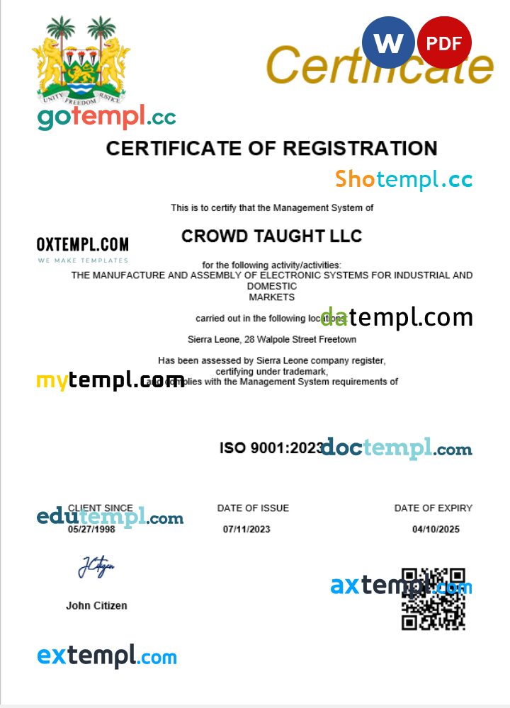 Sierra Leone business registration certificate Word and PDF template