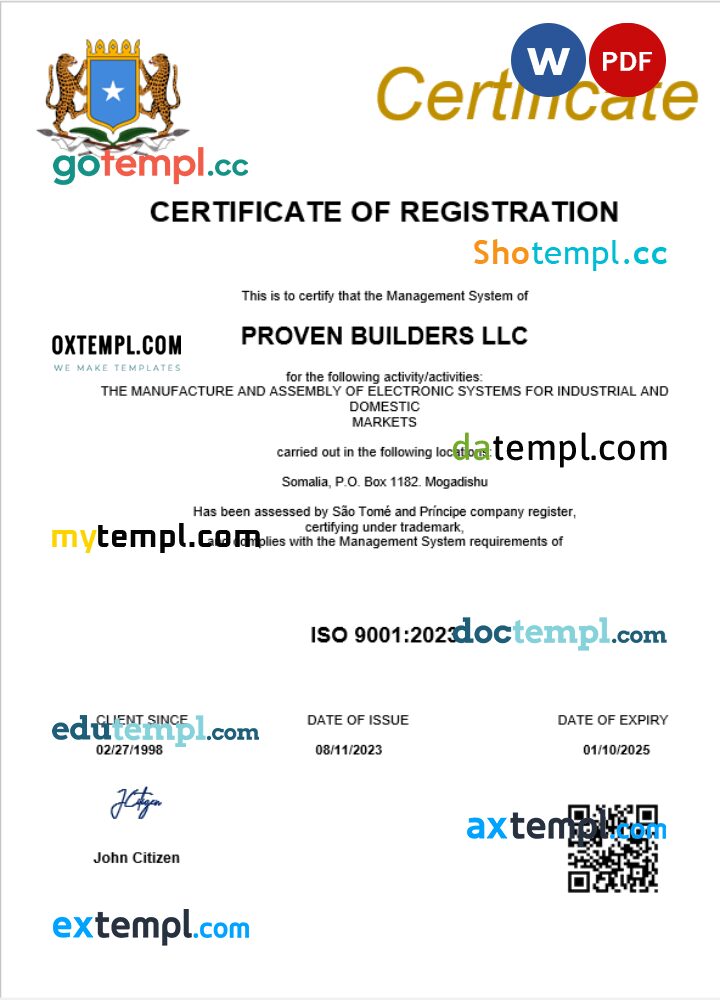 Somalia business registration certificate Word and PDF template