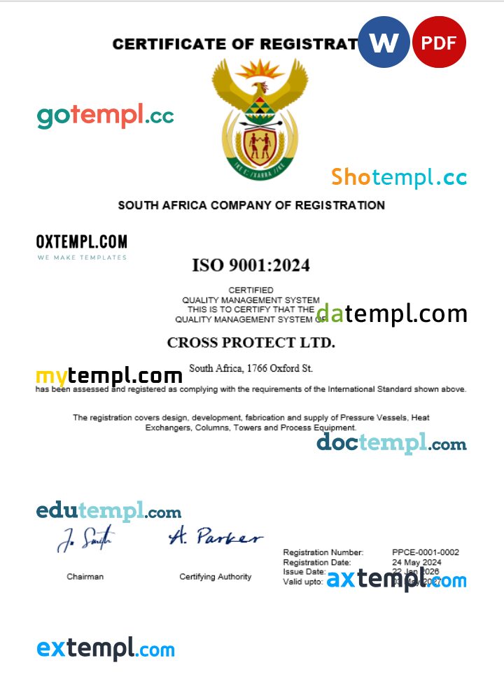 South Africa business registration certificate Word and PDF template