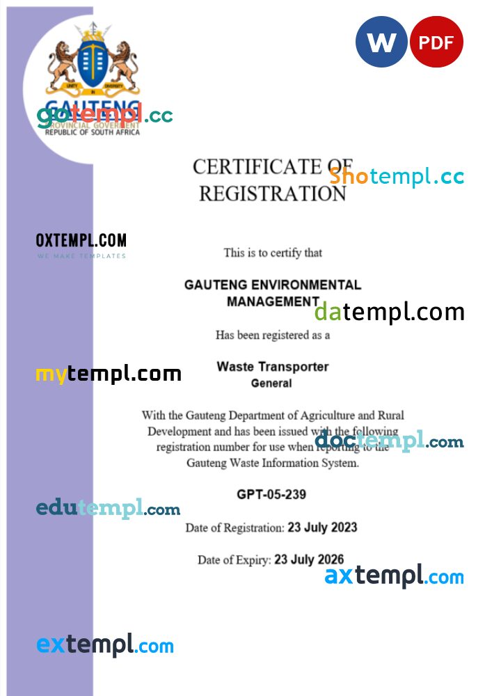 South Africa certificate of registration Word and PDF template