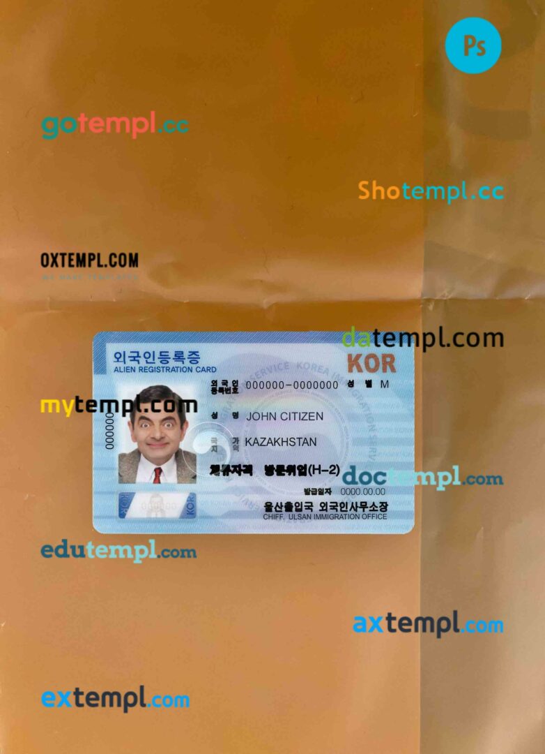 South Korea Alien Registration Card (ARC) editable PSD files, scan look and photo-realistic look, 2 in 1