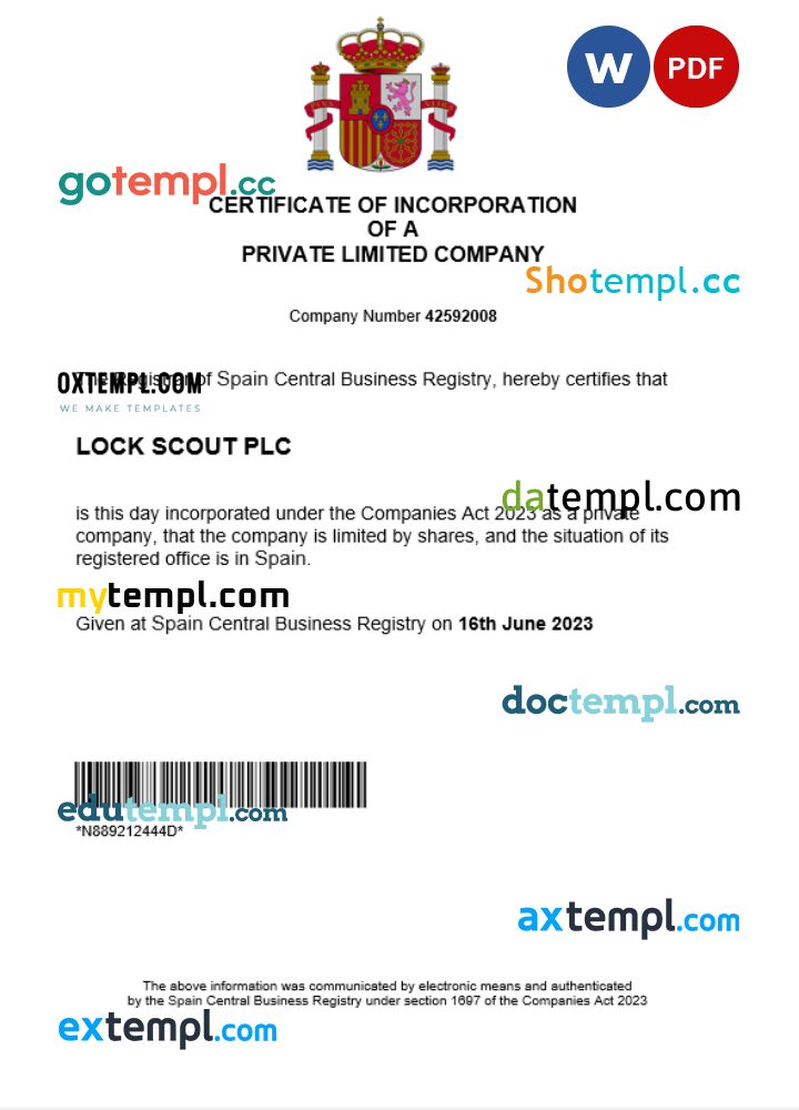 Spain business registration certificate Word and PDF template