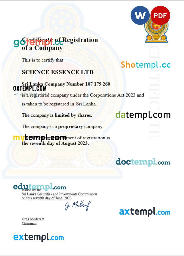 Sri Lanka business registration certificate Word and PDF template