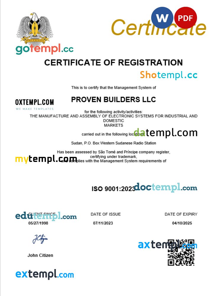 Sudan business registration certificate Word and PDF template