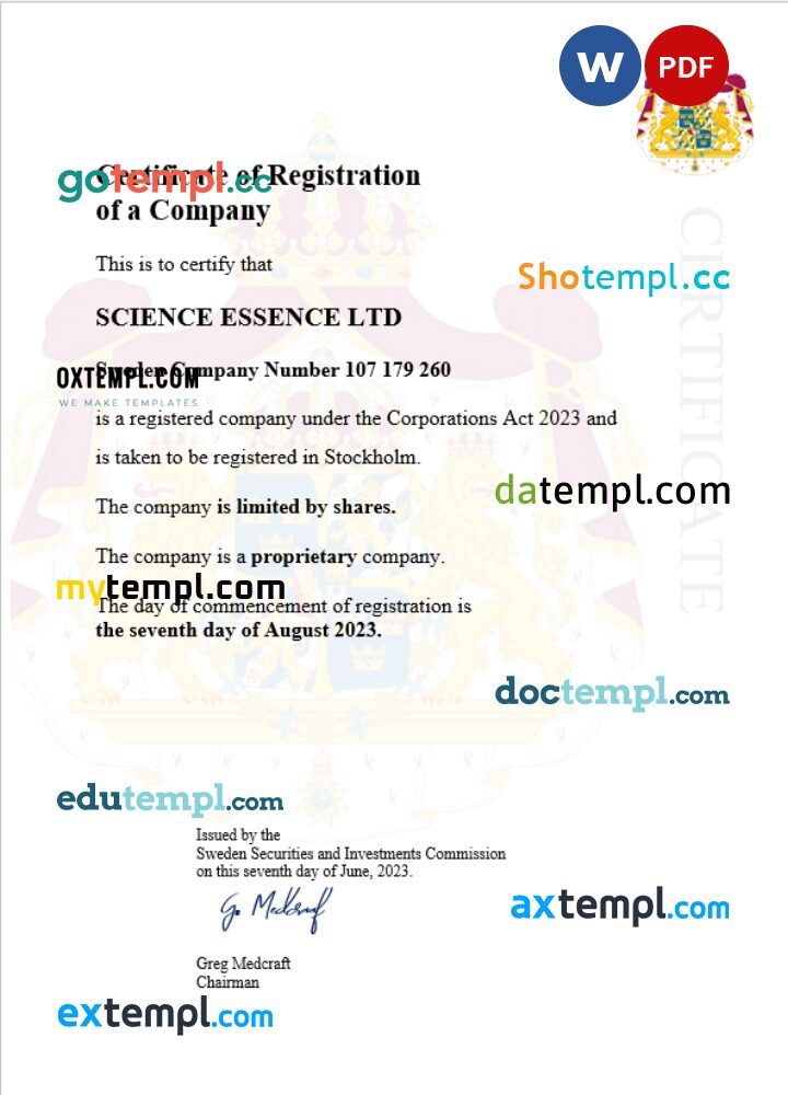 Sweden business registration certificate Word and PDF template