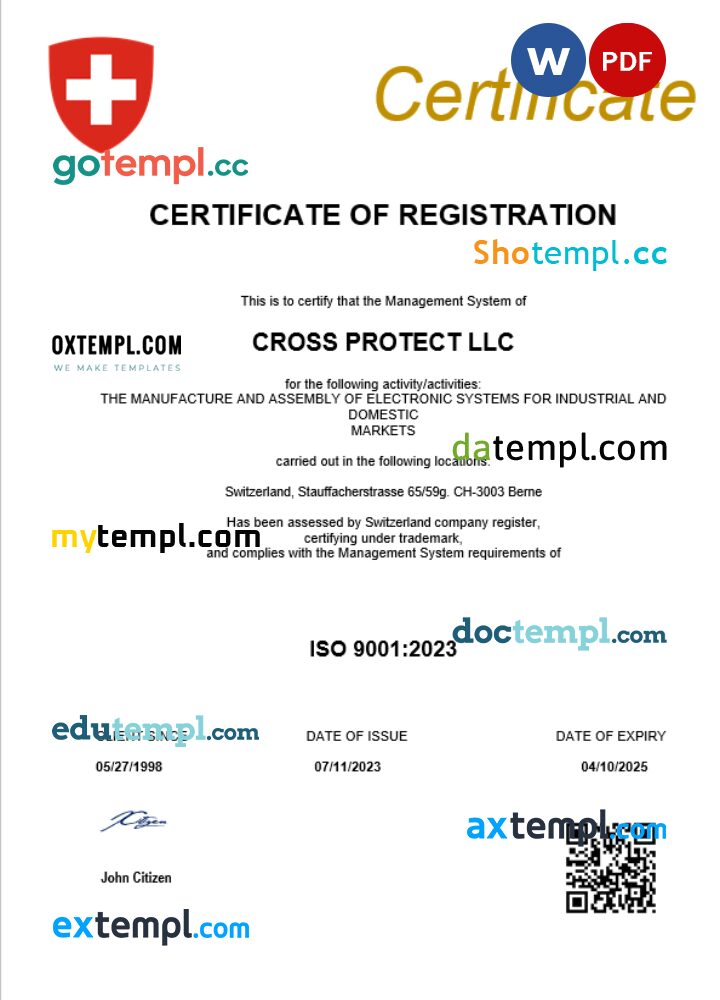 Switzerland business registration certificate Word and PDF template