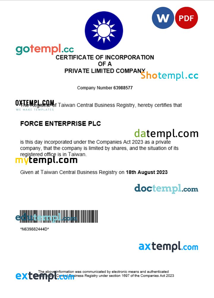 Taiwan business registration certificate Word and PDF template