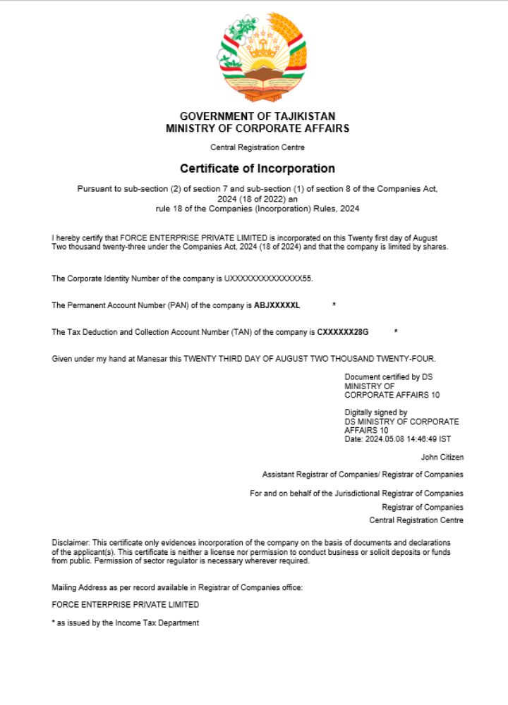 Tajikistan business registration certificate Word and PDF template