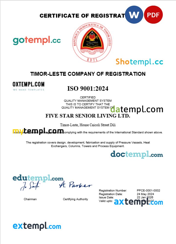 Timor-Leste business registration certificate Word and PDF template