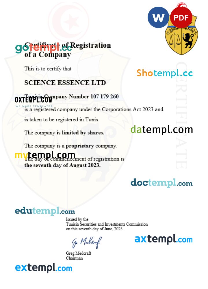 Tunisia business registration certificate Word and PDF template