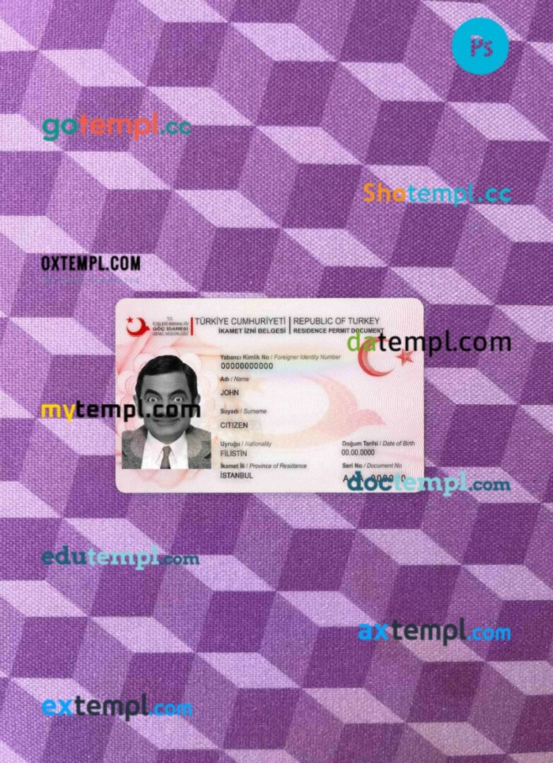 Turkey residence permit PSD files, scan look and photographed image, 2 in 1