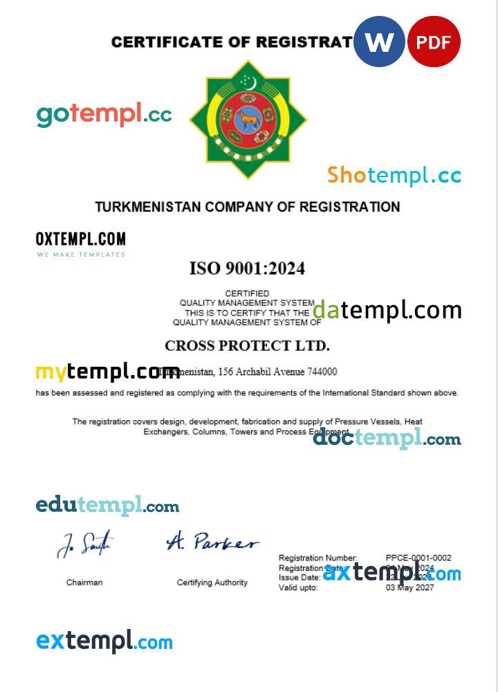 Turkmenistan business registration certificate Word and PDF template