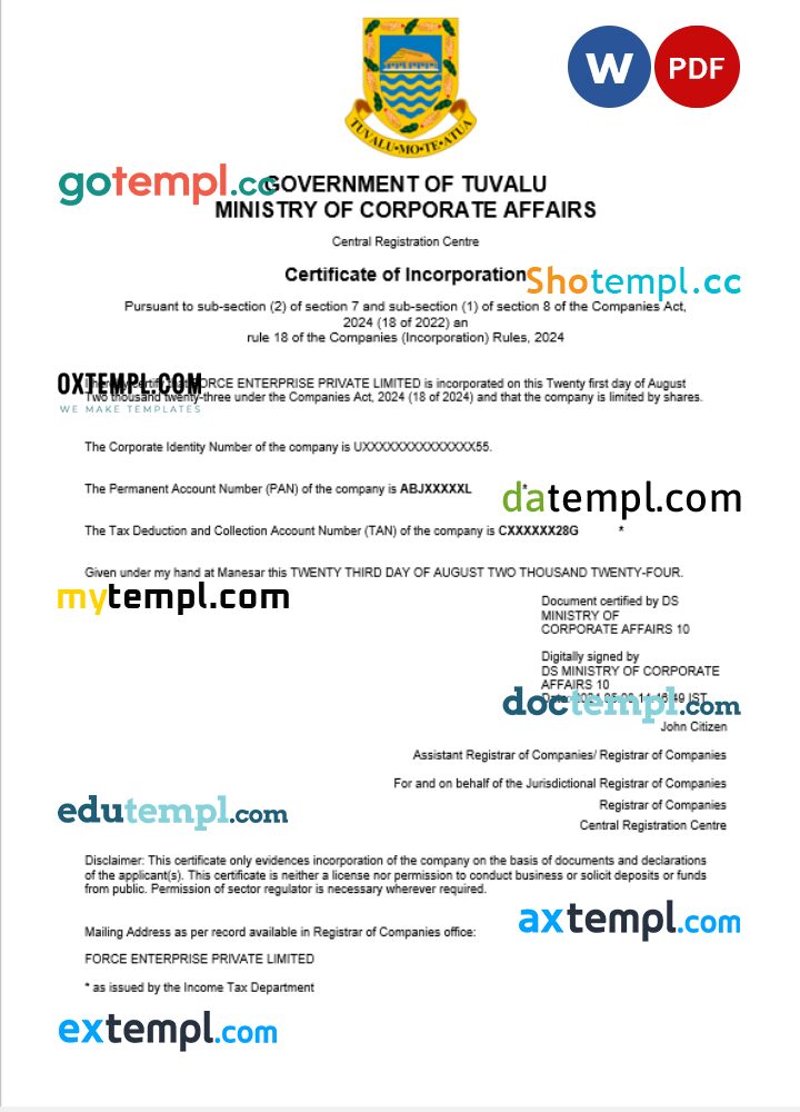 Tuvalu business registration certificate Word and PDF template