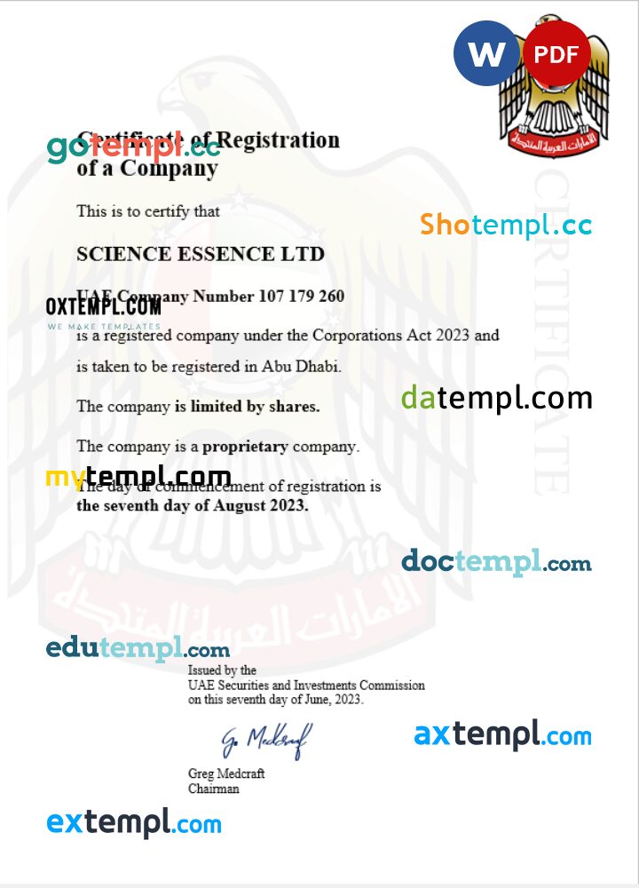 UAE business registration certificate Word and PDF template