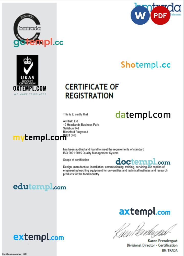 UK BMTrada certificate of company registration Word and PDF template