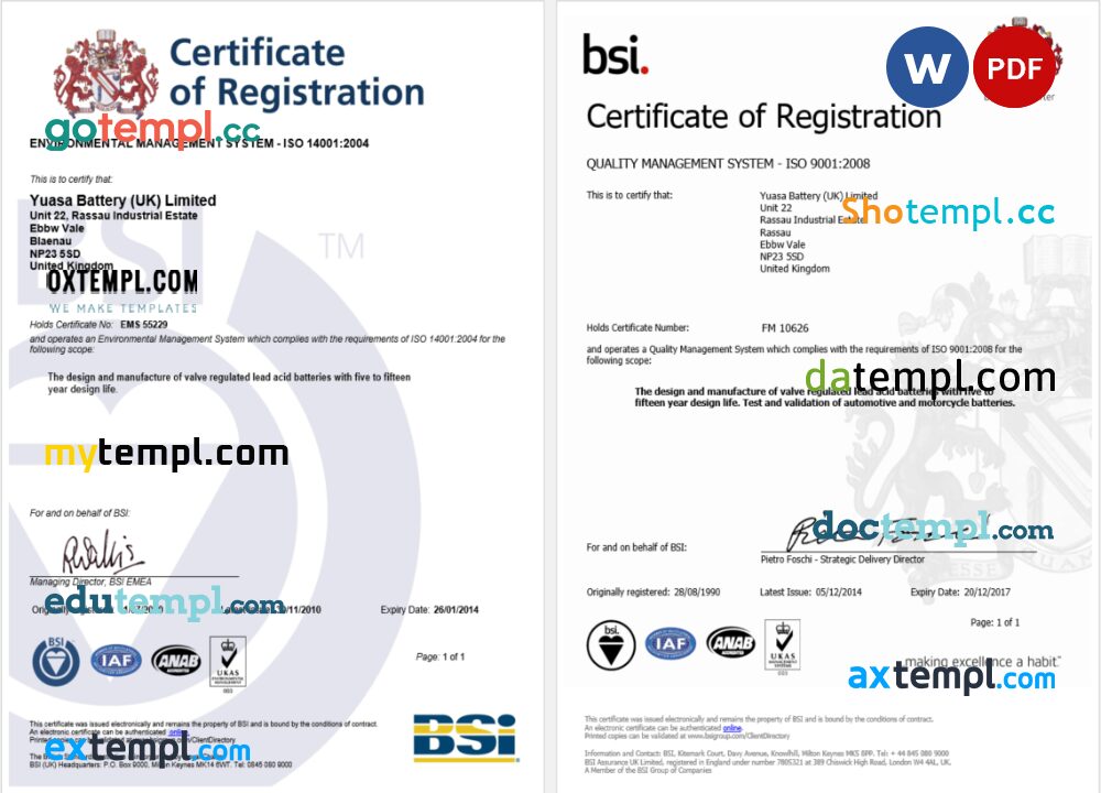 UK BSI certificate of registration Word and PDF template